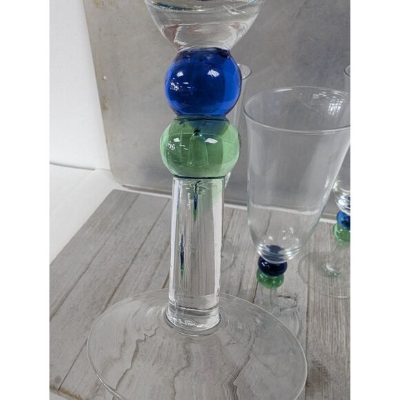 French Style Set of 4 Wine Drinking Glasses 8 5/8" Tall Clear Blue Green Stem - Picture 9 of 9